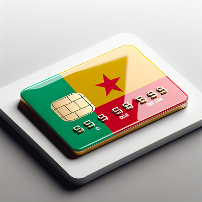 An image of a product photo for an eSIM card representing the country of Benin. The card should be designed with the colors and symbols of the Benin flag, but strictly without any text on it, adhering to the rule of not including text in the image. The card should appear glossy and new, in line with the aspect of a fresh product. The setting should be a white background, focusing solely on the eSIM card to keep attention on the product.