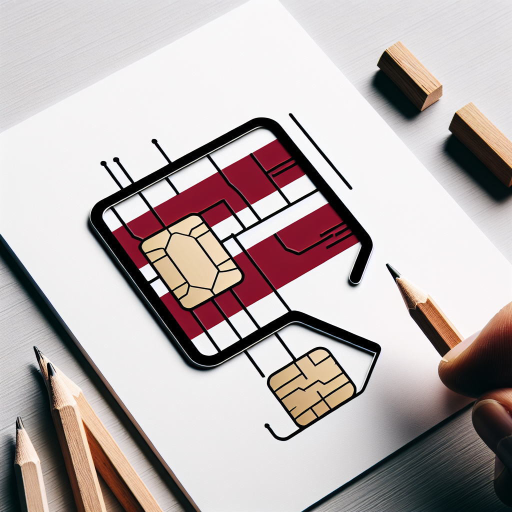Create a product photograph for an eSIM card designed for Latvia. The base of the eSIM card should incorporate the design of the Latvian flag, cleverly abstracted to maintain the aesthetic. Ensure that the image is free of any text, keeping the focus exclusively on the visual elements of the design.