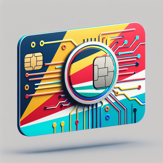 Generate a product photo of an eSIM card designed for the country of Seychelles. The design of the eSIM card should incorporate the colors and elements of the Seychelles flag, without any textual content. The flag has five oblique bands of blue, yellow, red, white, and green radiating from the bottom left corner. The eSIM card should be visibly high-tech and modern in appearance, demonstrating its digital nature.