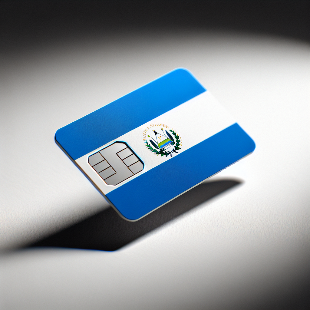 An aesthetically designed eSim card, inspired by the colors and elements of El Salvador's national flag. The digital card rests against a monochromatic, soft-focus background, maintaining the spotlight on the card itself. Blue and white hues dominate the card's design. However, no text or writing features on the card or anywhere within the image. Proportions and detailing should suggest a typical SIM card, but with nuances reflecting its modern eSim nature.