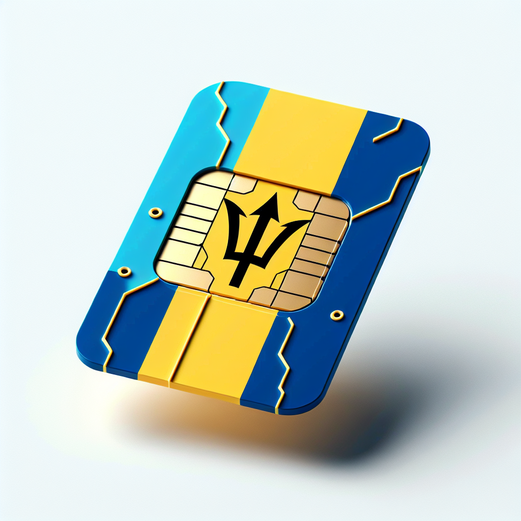 Create an eSIM card product image for Barbados. The base of the card should incorporate the colors and design of the country's flag. This rendition should be realistic and detailed, highlighting the unique characteristics of an eSIM card like its size and shape. The design should not contain any text, keeping the overall look minimal and focused on the symbolic representation of Barbados through its flag.