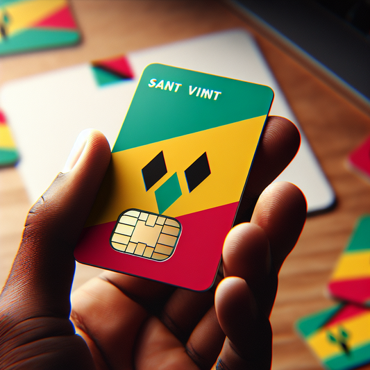 Create an image of an eSIM card dedicated to the country of Saint Vincent and the Grenadines. Display the eSIM card with the country's flag as the primary design. Ensure the design is clean and focused on the colors and symbols of the flag, and no textual content should be included in the image. The ambiance should feel professional and resemble a product photo.