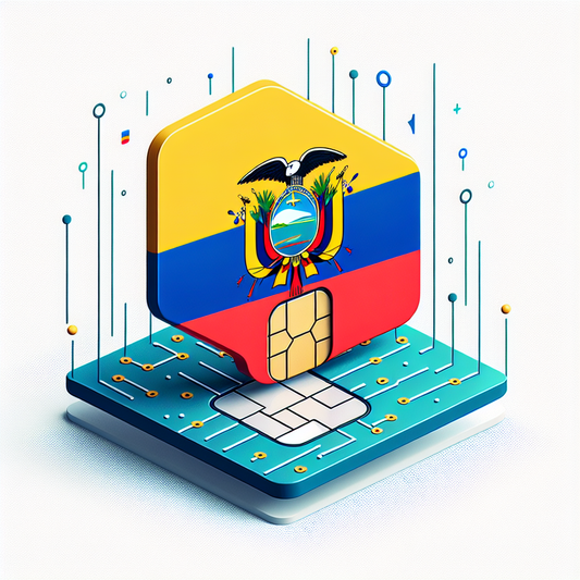 Create an image of a product that represents an eSim card designed for the country of Ecuador. The base of the esim card should feature the national flag of Ecuador. However, the design must be completely devoid of any textual elements.