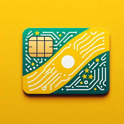 Create an image of an eSIM card that incorporates the design elements from the national flag of Gabon. The eSIM card should have the typical look and qualities of such a card, but the color and pattern design should vividly represent Gabon's flag. Please avoid incorporating any text or written elements into the image.