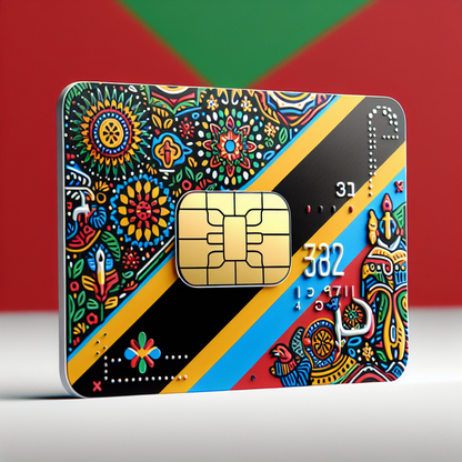 Product photo of an eSIM card designed for the country of Tanzania. The base of the eSIM card is adorned with the vibrant colors and emblems of the Tanzanian flag. Make sure no text is included in the final design.