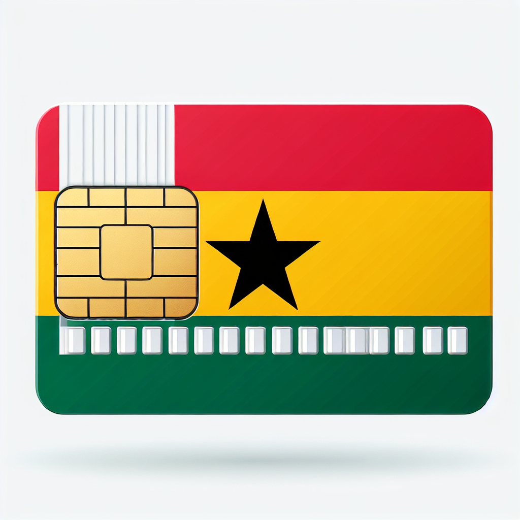 Create an image of a product: an eSim card representing the country of Ghana. The base of the eSim card should incorporate the design of Ghana's national flag, which consists of horizontal stripes of red, gold, and green with a black star in the middle. However, do not include any text on the card.