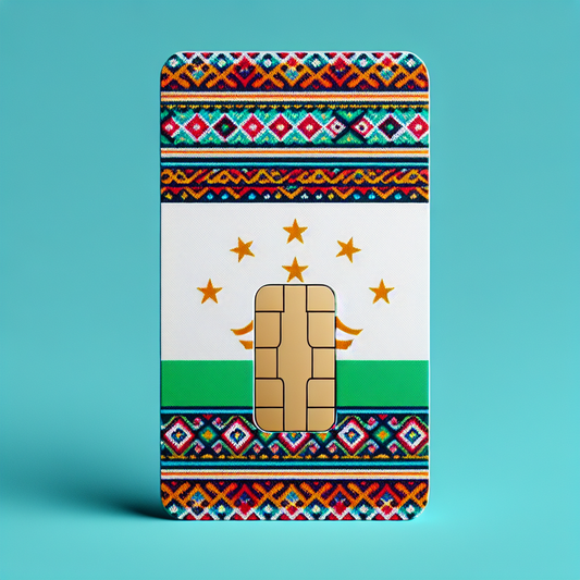 Generate an image of an eSIM card designed for the country of Tajikistan. The base design of the card should embody the colors and pattern of Tajikistan's flag. However, the image must be devoid of any textual content.