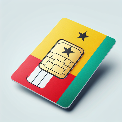 Visualize a product photo of an eSim card designed for Guinea-Bissau with a base design incorporating the country's flag. Ensure that there is absolutely no text involved in the image, maintaining just the graphics and the distinctive elements of the flag.