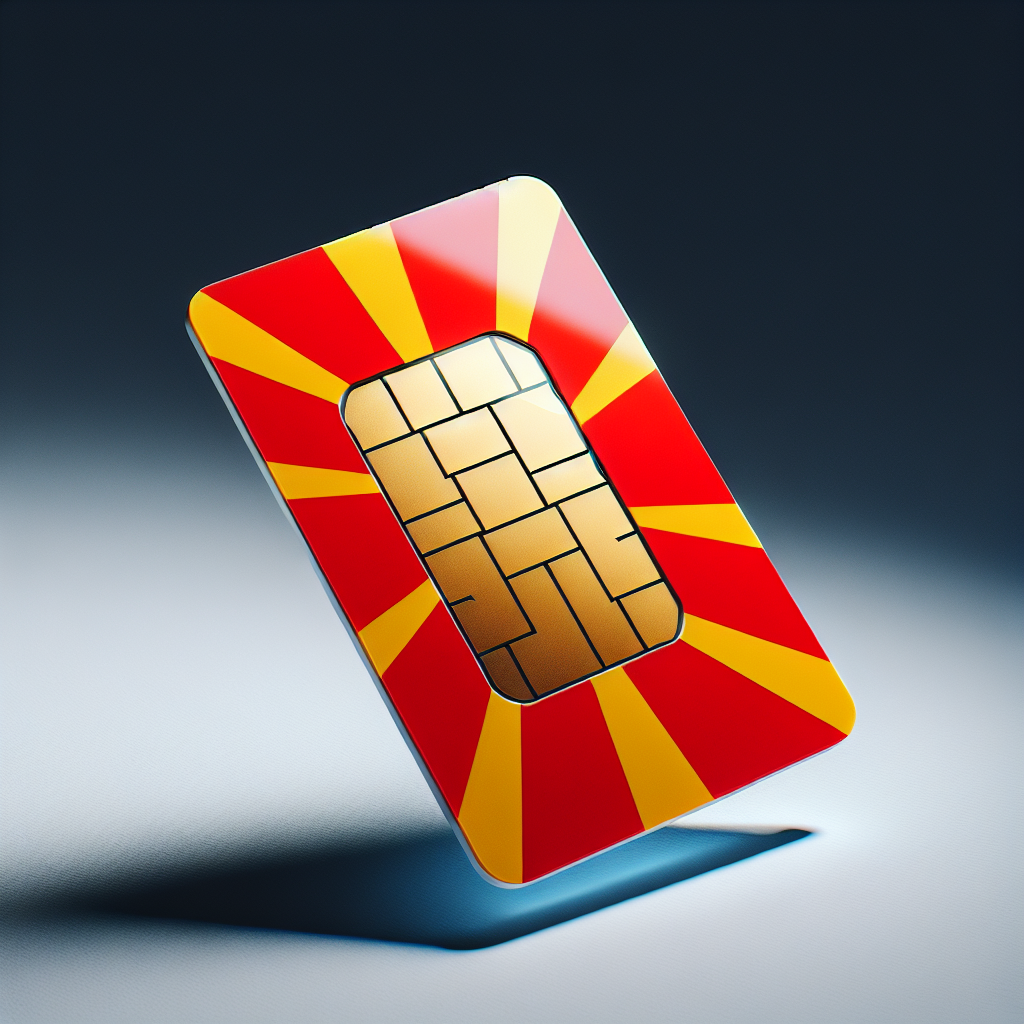Create an image of a product, specifically an eSIM card for the nation of Macedonia. The base design of the eSIM card should incorporate the colours and design elements of the Macedonian flag. The eSIM card should not contain any text. The image should depict a clear and crisp product photo under good lighting conditions.