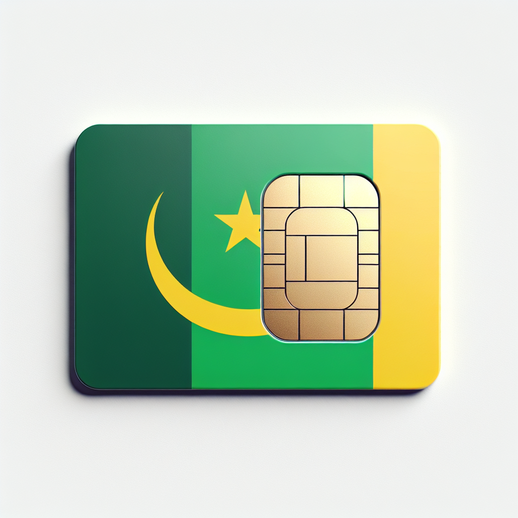 A detailed image of a eSIM card that represents the country Mauritania. The card has a basic rectangular shape with its body dominated by the colors of the Mauritania flag. The flag comprises of green and yellow colors with a crescent moon and star. Exclude any textual elements on this eSIM card, maintaining a clean and minimalist design.