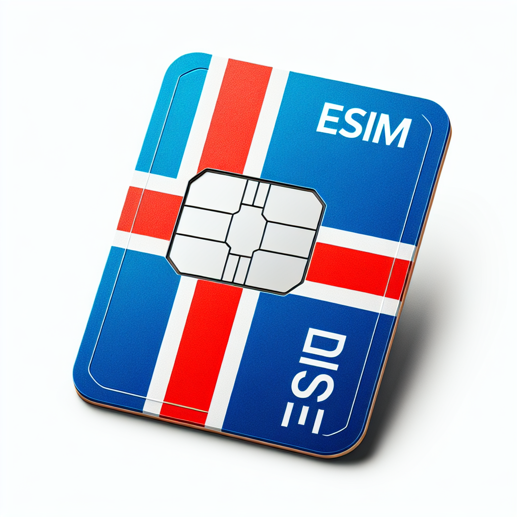 Generate a product photo of an esim card designed for Iceland. The base of the esim card should feature the national flag of Iceland, comprised of a blue field with a red and white cross. The esim card should not contain any text.