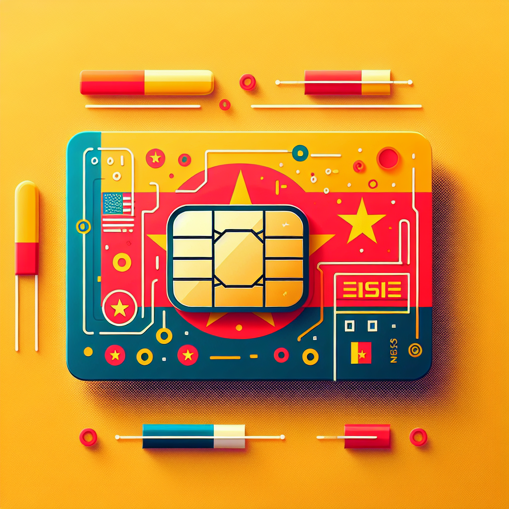 Design an esim card for the 'country of Vietnam'. Please base the design of the esim card around the colors and elements of the flag of Vietnam but avoid the inclusion of any textual elements. Please ensure the image is of a high-quality product photo style. Do remember to include important details like the chip on the eSIM card.