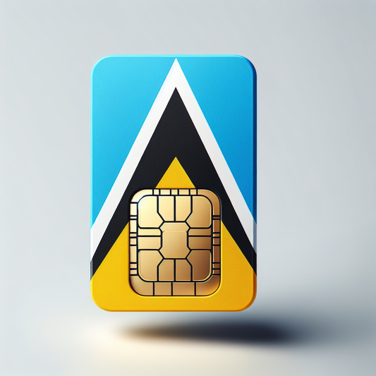 Create a product image of an eSIM card represented by the flag of Saint Lucia. The entire base of the eSIM card should be enveloped by the flag's colours and patterns. Specifically, it has the design of the flag with the cerulean blue at the top and bottom part, yellow and black in the middle. The distinct element of the flag - a triangle of light yellow and white at the centre, should also be visible, perhaps centred on the eSIM card chip. Make sure not to incorporate any text in the image.