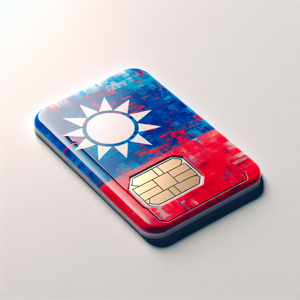 A detailed image of an eSim card decorated with the flag design of Taiwan, without including any text elements. The eSim card displays a vibrant blend of red and blue, intertwined with a white sun on a blue field to symbolize the Taiwan flag. The colors are vivid, crisp, and contrast sharply with one another. The eSim card stands alone, placed on a plain white background, allowing its bright colors to stand out for a striking product photo image. The card maintains a rectangular shape of typical eSIM cards.