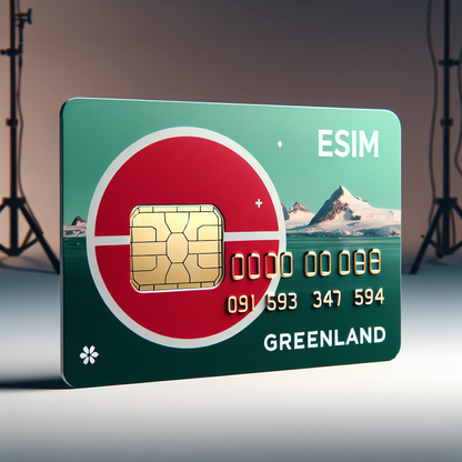 Generate a product photo of an esim card designed for Greenland. The base of the card should incorporate an artistic representation of Greenland's national flag, being mindful not to include any textual elements. The photo should exhibit a professional lighting setup creating a rich contrast between the card and the background.