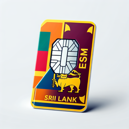 Generate a product photo of an eSIM card designed for Sri Lanka. The base of the eSIM card should have the design of the Sri Lankan flag, but there should be no text whatsoever present on the card. Make sure the eSIM card appears polished, professional, and renders in high quality, symbolizing a high-tech connection with Sri Lanka.
