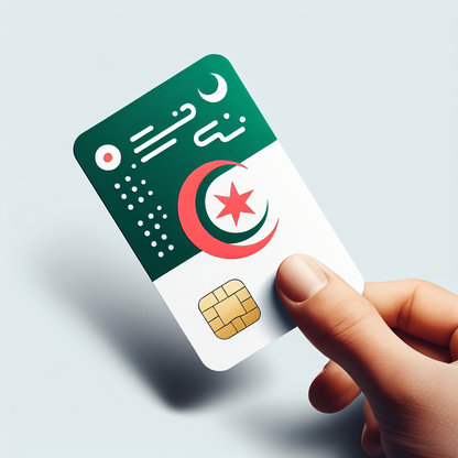 Create an image of a product photo for an eSIM card. The base of the card should integrate the colours: green, white, and a red crescent moon and star, representing the Algerian flag. Ensure no text is included in the image representation.