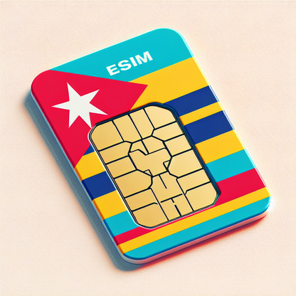 Generate a product photo of an eSIM card designed for the country of Aruba. The base design of the eSIM card should incorporate the vibrant colors and patterns of the flag of Aruba, without including any textual elements. Please bear in mind that no text is to be incorporated anywhere in the image.