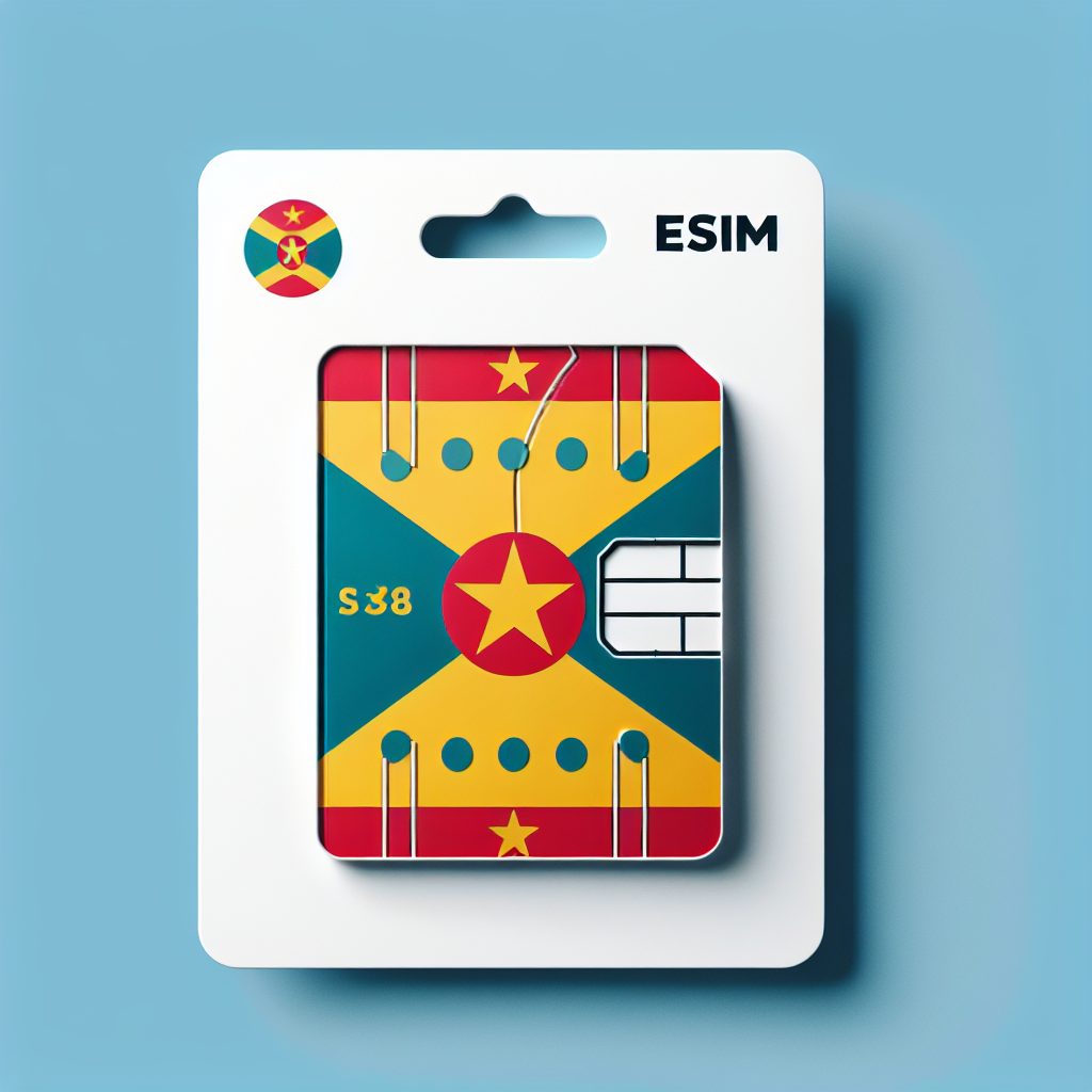 Create an image of a product photo showcasing an eSIM card designed for the country of Grenada. The base design of the eSIM card should incorporate the colors and elements of the Grenadian national flag. The design should strictly not include any textual elements, and instead relies solely on visual representation for identification.