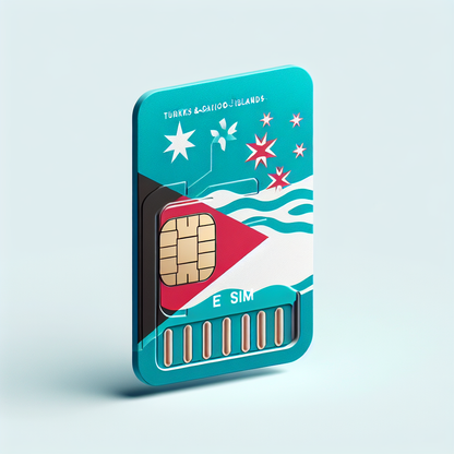 Create an accurate product image of an eSim card designed for the country of Turks and Caicos Islands. The base design of the card should incorporate the national flag colors of turquoise, white and red, but do not include any text or lettering. The eSim card should be captured in a presentation fit for a product photo, implying clean, well-lit conditions.