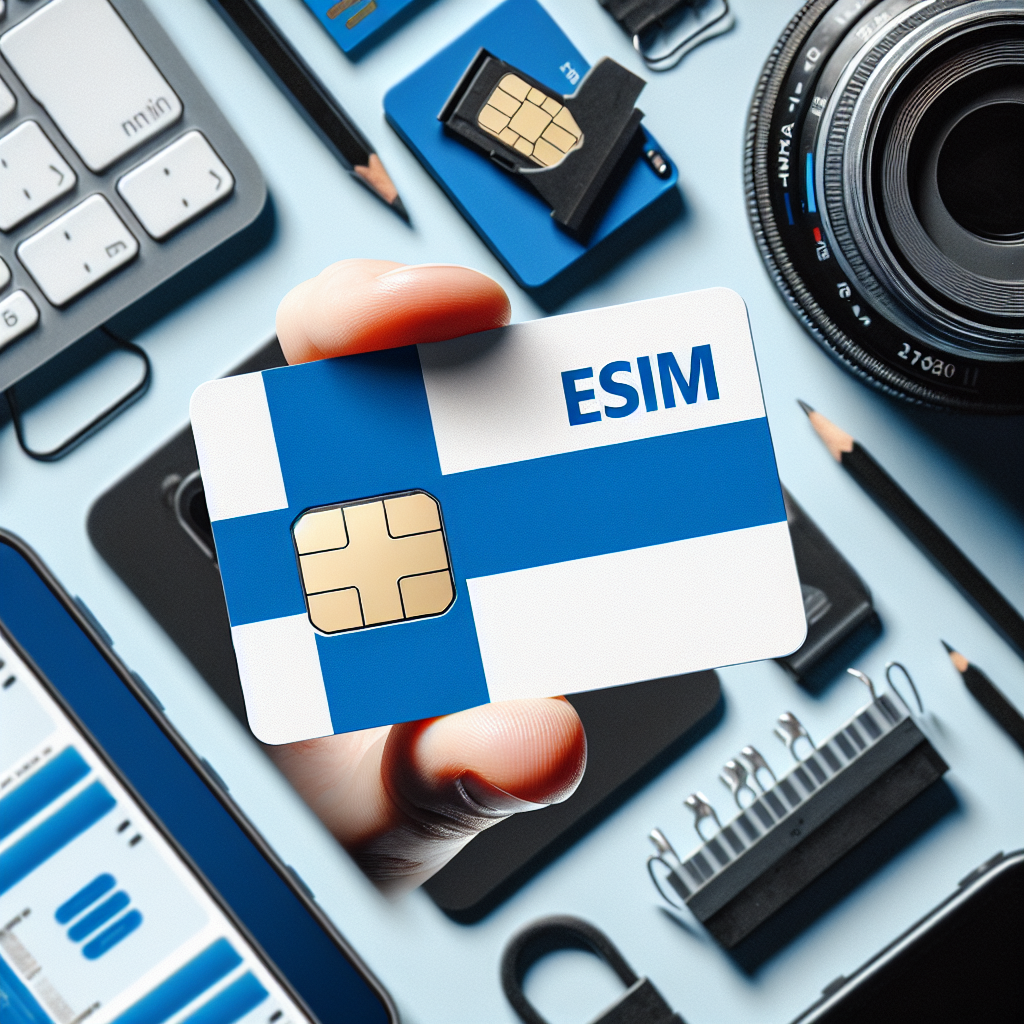 Create a product photo for an eSIM card. Use the Finnish flag as the foundation for the design. As per the request, ensure the image is void of any text elements.