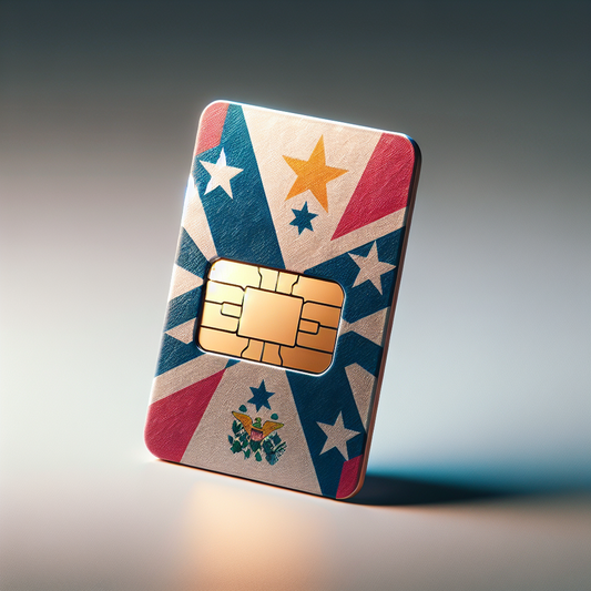 A product photo in a standard portrait orientation displaying a virtual eSIM card with no text written on it. The design of the eSIM is based on the flag of the U.S. Virgin Islands, using the same colors and elements, but creatively rearranged to fit the rectangular shape of an eSIM. Lighting is well-balanced, the background is neutral, and the card appears highly textured and detailed, seeming almost tangible. Shadows and reflections exist subtly on the surface to enhance the realistic 3D effect.