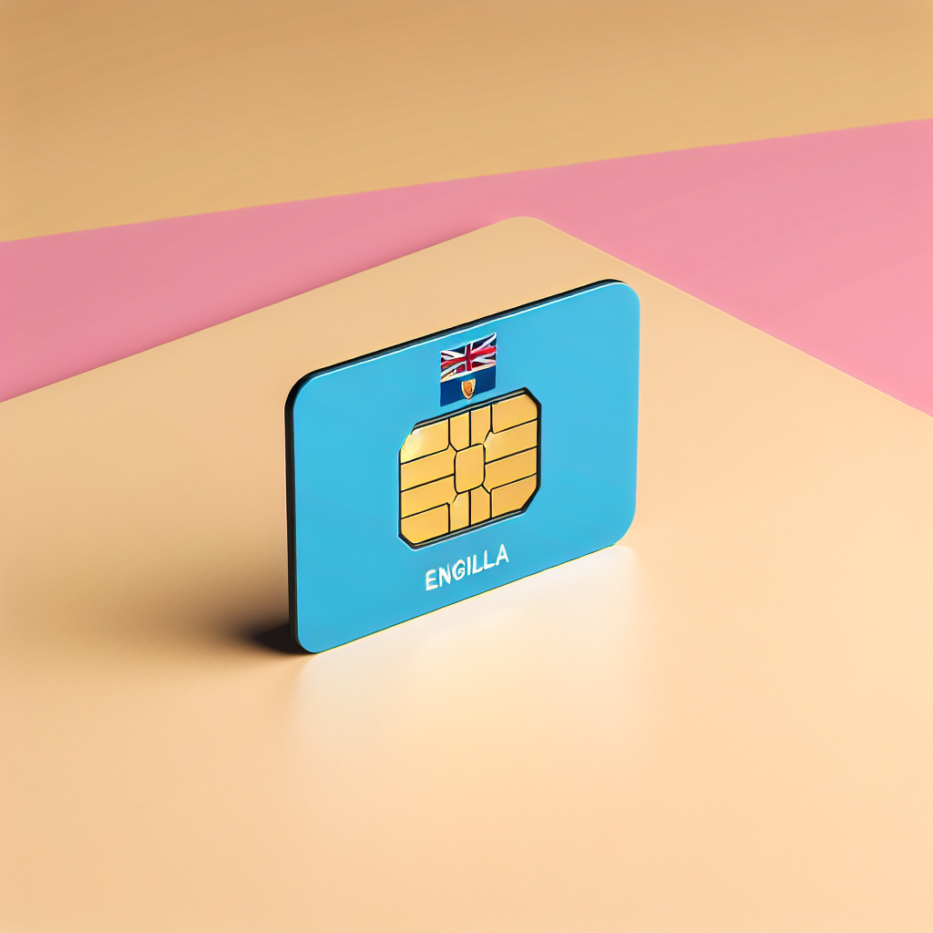 Visualize a product photo of an eSIM card designed for the country of Anguilla. The base design of the eSIM card incorporates the national flag of Anguilla. This scene strictly maintains a 'No-Text' policy, meaning nothing written is displayed anywhere in the image.