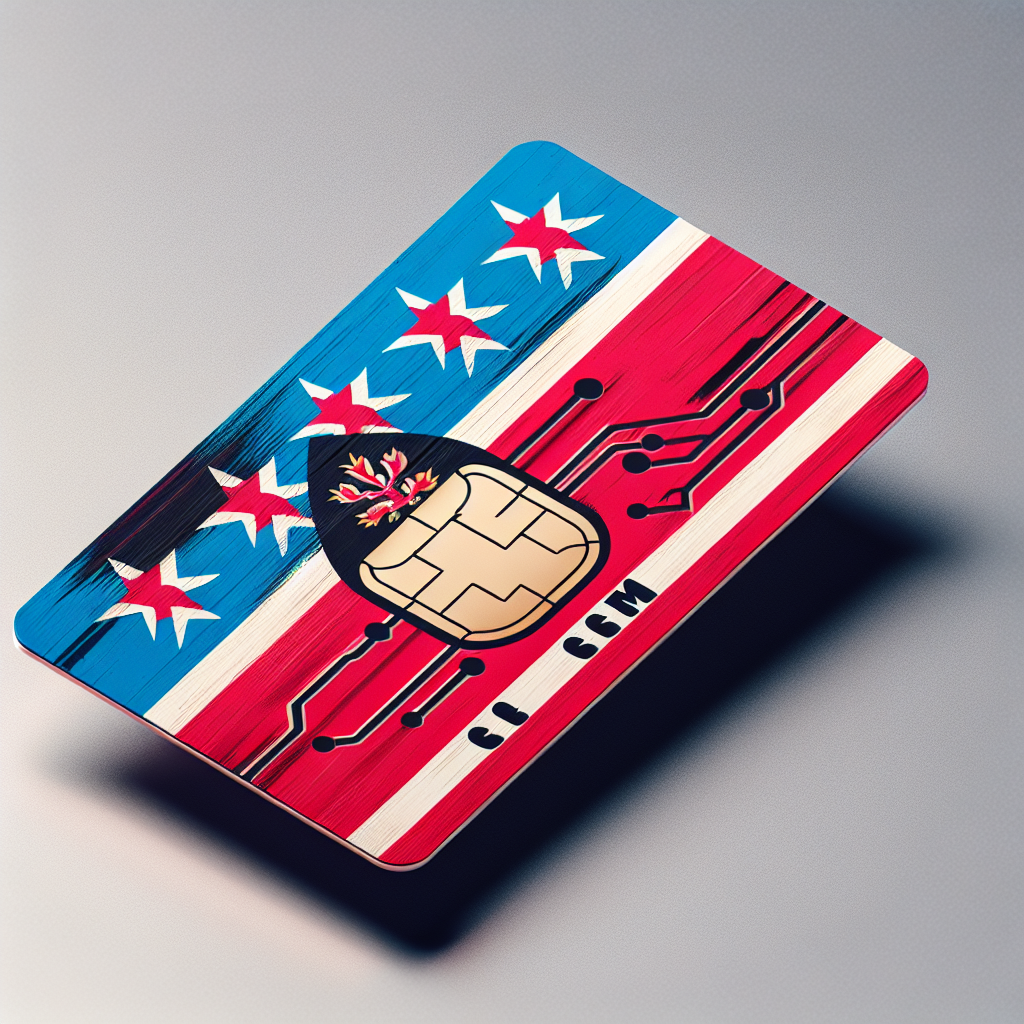Generate a product image for an eSIM card specifically designed for use in Guadeloupe. The card's design should primarily feature the flag of Guadeloupe. This flag-based design should cover the entire eSIM card, adding a patriotic touch. Ensure there's no written text on the card, adhering to the request that the image be devoid of any text. The card should appear slick, modern and embody the electronic, wireless nature of an eSIM card