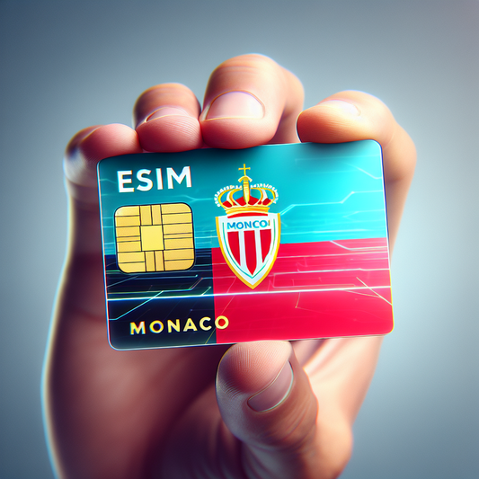 A photographic depiction of an eSIM card for the country of Monaco. The base design of the card should incorporate the Monaco flag. However, the image should be entirely free of text.