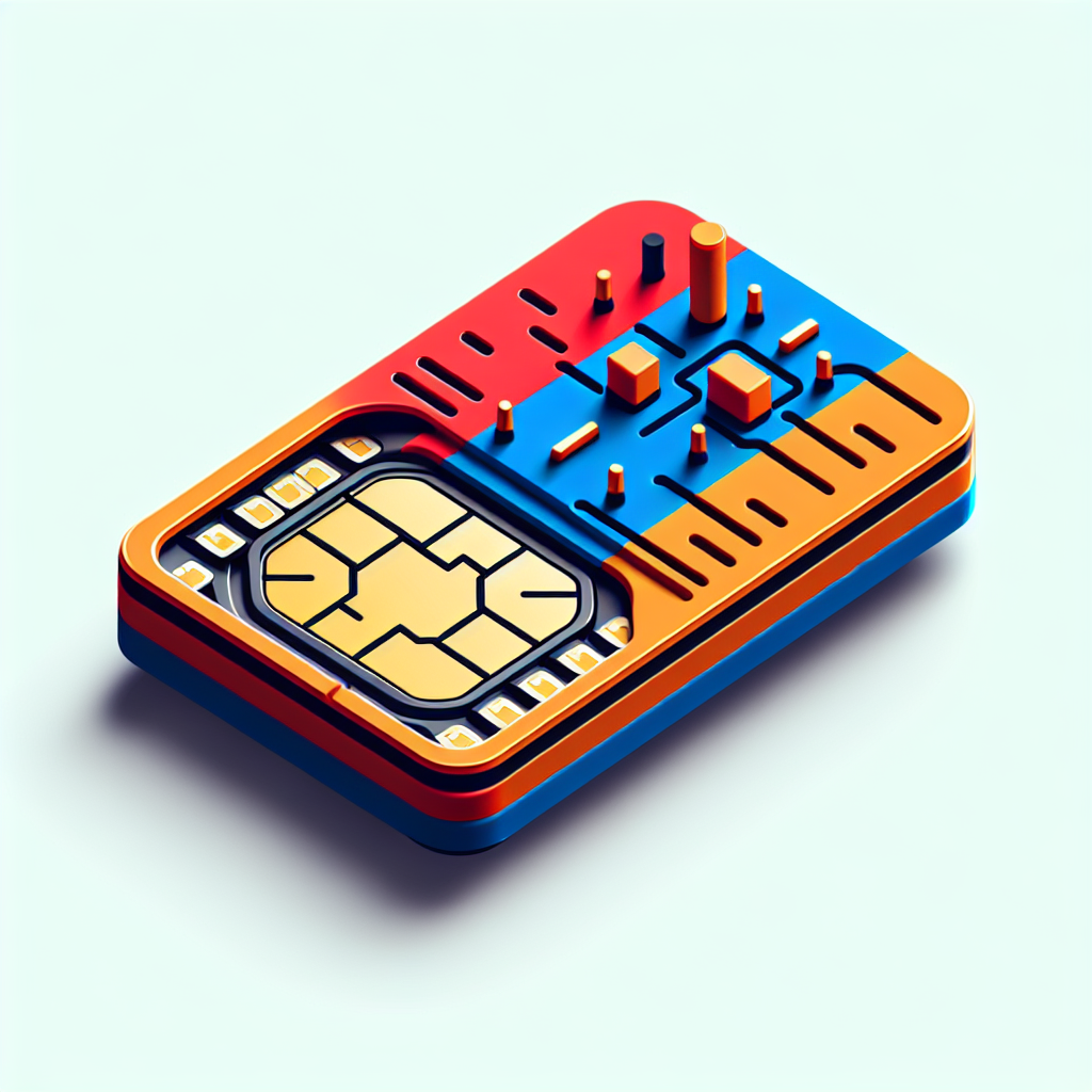 Create a detailed image of a product concept for an eSIM card designed for the country of Armenia. The base of the eSIM card should creatively incorporate the visual elements of the Armenian flag's colors: red, blue, and orange. Ensure there is no text present in the image.