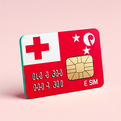 Generate a photo-realistic image of a product, which is an eSIM card for the country of Tonga. The base of the eSIM card should be colored similarly to the Tongan flag. Scale and position accordingly to maintain a professional and clean look. Please keep the image free from any text.