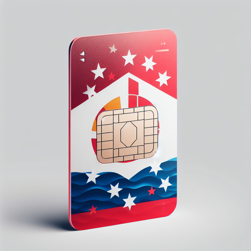 Create an image of a product photo for an eSIM card emblazoned with the flag of French Polynesia. The base of the eSIM card should reflect the colorful hues of the flag, comprising of both red and white tones. Ensure that the design is clean and sleek, making the card look attractive without adding any text.