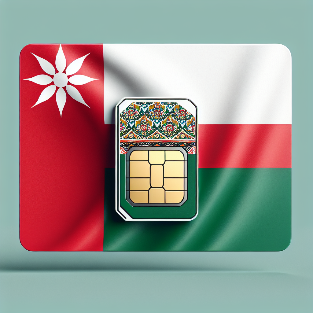 Generate a product image of an eSIM card with the distinct features of the Omani flag. The flag should be used as the primary background design. Please ensure there is no text on the image.