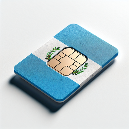 A product photo of an electronic SIM (eSIM) card meant for usage in the country of Guatemala. The base of the eSIM card blends seamlessly into the flag of Guatemala -- a field of light blue with two dark blue stripes running horizontally, sandwiching a white stripe in the middle. Kindly note that there is no text in this image.
