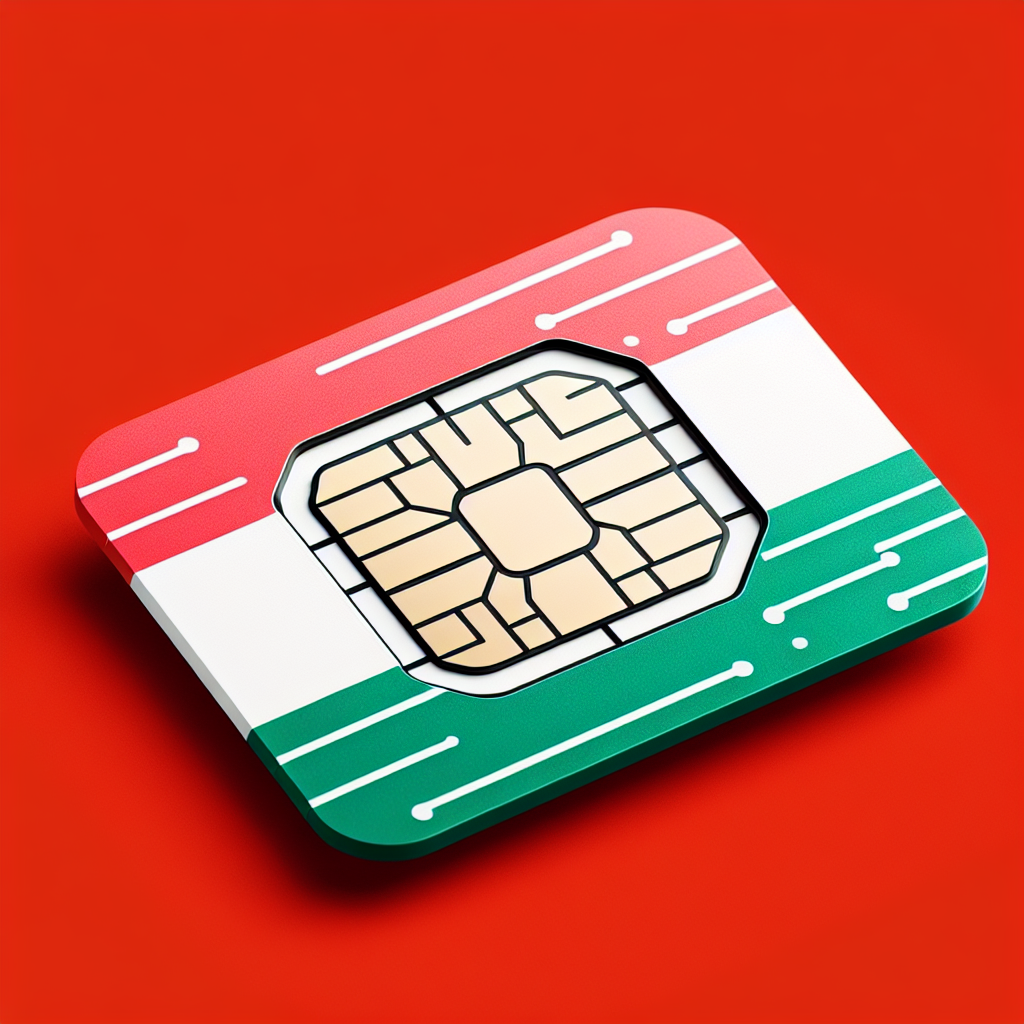 Create a detailed image of a product photo for an electronic SIM (eSIM) card intended for usage in Hungary. The base of the eSIM card should be designed with the colors and pattern of the Hungarian flag; red, white, and green horizontal stripes. The card should be devoid of any textual elements.