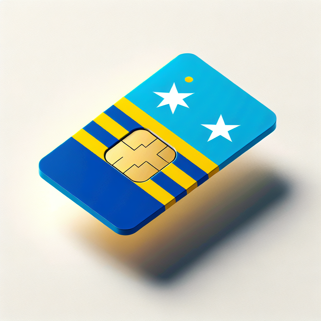 Create an esim card designed with the distinct colors and pattern of Curacao's flag. The card should reflect the flag's blue, yellow and white color scheme along with the two horizontal stripes and the five-pointed star. Please ensure the star's placement aligns with the design. Given the request, this should be a product photo styled image of the esim card, focusing on the colors and symbolism of the flag while excluding any textual content.