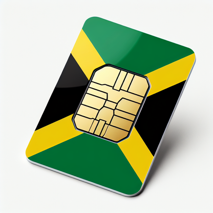 Generate a product photo of an eSIM card for the country of Jamaica. The base of the eSIM card should be designed with the Jamaican flag, composed of diagonal cross divides the flag into four triangular sections, two of them are green and the other two are black, and the cross is golden. The card should not contain any text and should maintain the sleek and compact design typical of eSIM cards.