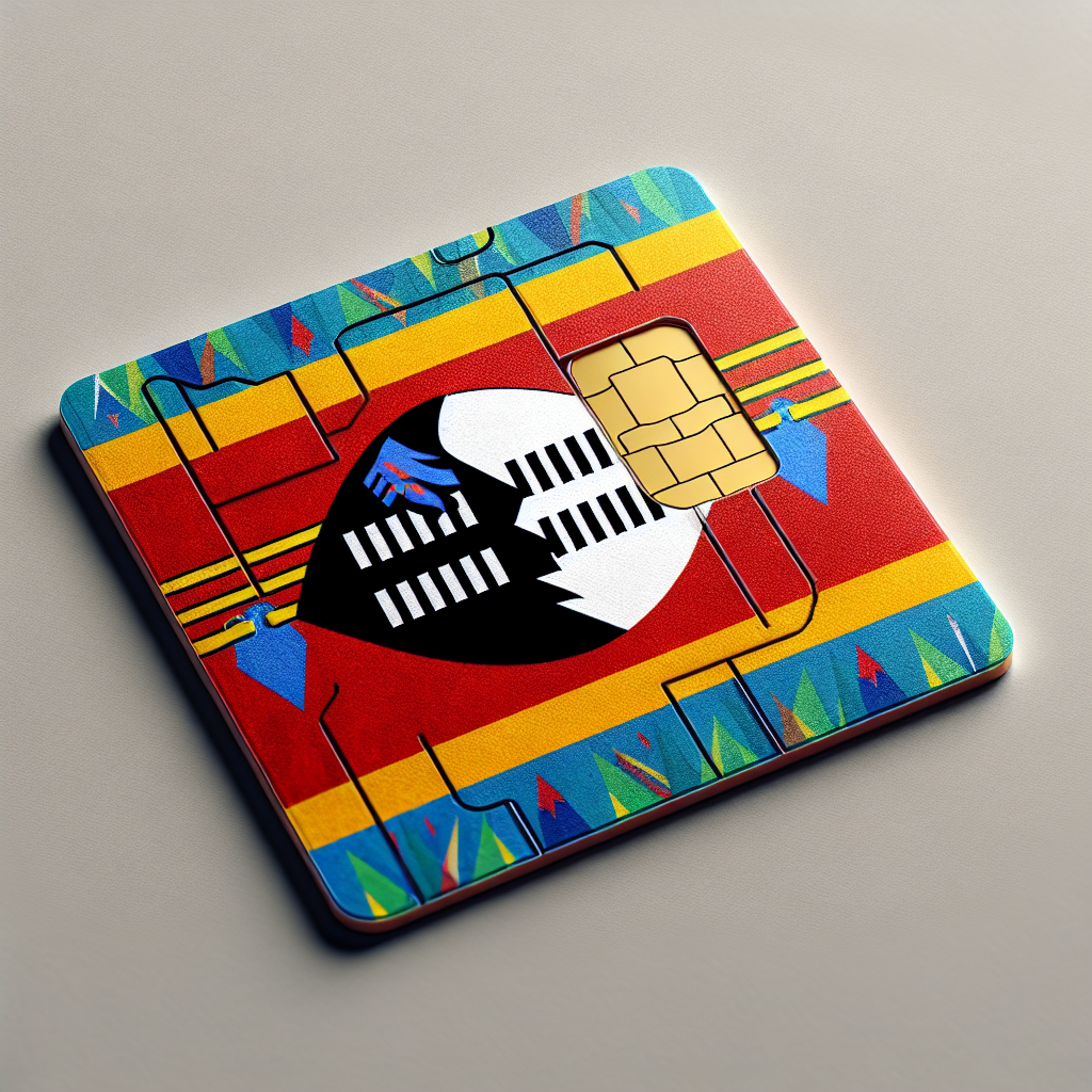 Create a digital product image of an eSIM card designed with the colors and design of the Swaziland national flag as the base. The eSIM card should not include any textual elements. It should evoke a strong sense of the country's identity without explicitly stating its name. The flag's design should be modified to fit the card's rectangular shape ensuring all elements of the flag are still recognizable.