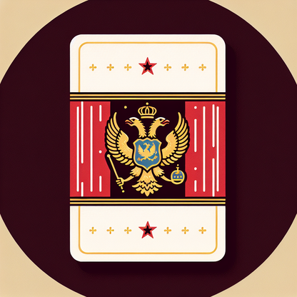 Create a detailed illustration of an eSIM card designed with the essence of Montenegro. The base of the card should have a design that subtly represents the national colors of Montenegro's flag which consists of a golden-bordered red shield with the symbol of a double-headed eagle in white. Remember, no textual elements are allowed, solely visual representations only.