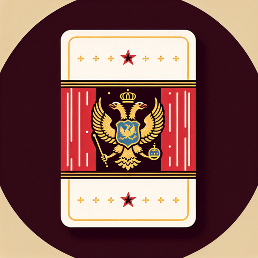 Create a detailed illustration of an eSIM card designed with the essence of Montenegro. The base of the card should have a design that subtly represents the national colors of Montenegro's flag which consists of a golden-bordered red shield with the symbol of a double-headed eagle in white. Remember, no textual elements are allowed, solely visual representations only.