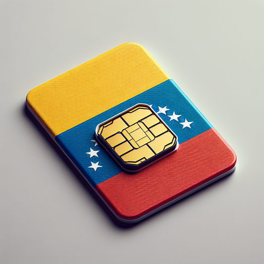 Create a detailed product photo showcasing an eSIM card for the country of Venezuela. The base of the eSIM card should be the country's flag. The flag boasts vibrant colors of yellow, blue and red, with a small circle of stars in the blue stripe. The eSIM card itself should be small and rectangular, embedded with the symbolic integrated circuit lines. It is important that this image should be devoid of any textual content.
