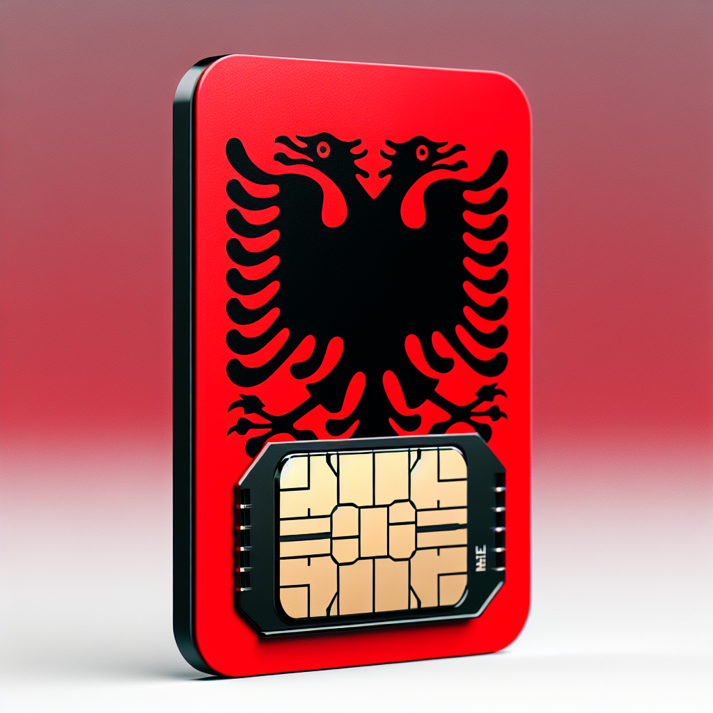 Create a product image of an eSIM card designed with inspiration from the Albanian national flag. The flag features a double-headed black eagle on a red field. The eSIM card should be a small rectangular plastic item with a metallic integrated circuit visible. Ensure there is absolutely no text included in the image.