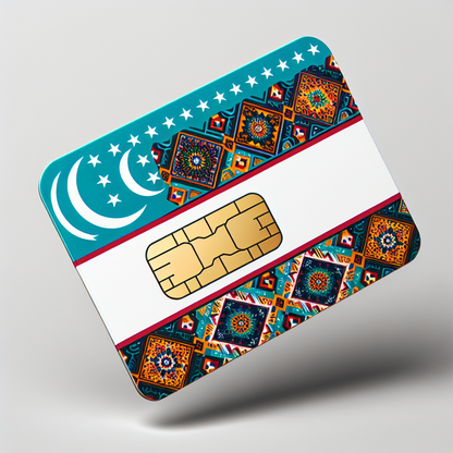 Create a product image of a eSIM card designed with the visual patterns and colors of the Uzbekistan flag. Ensure that the card maintains the standard dimensions of an eSIM card and is oriented vertically. Remember, the design should strictly be a graphical representation of the flag without any text elements.