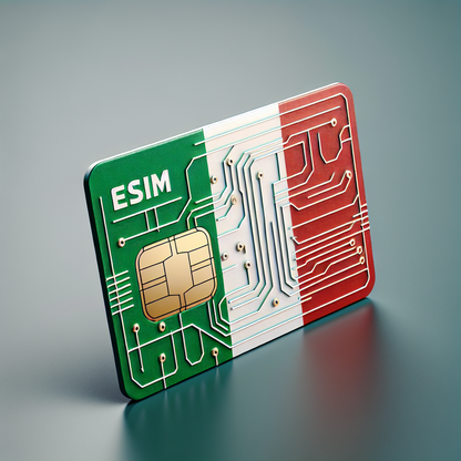 A product photo of an eSIM card with a representation of the Italian flag as its base design. The card possesses the characteristic traits of an eSIM card without the inclusion of any text. It should appear realistically embodying the Italy's green, white, and red flag while conveying the representation of advanced technology in the format of a standard eSIM card.