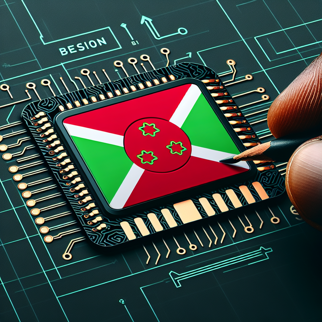 Create an image of a product photo for an eSIM card. The card base should include the design of the Burundi flag's colors and patterns, but make sure to exclude any text. The card should show the features usually found in an eSIM, such as chip circuitry, but tailored in a way that it fits within the color scheme of the Burundi flag.