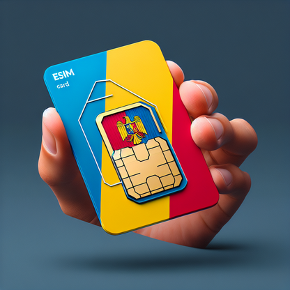 Create a detailed product image of an esim card designed with the base colors and design of the Romanian flag. The design should not include any text, ensuring that the flag's color arrangement of blue, yellow, and red makes up the majority of the esim card. The card should be presented in an enticing and professional manner as one would expect in a product photo.