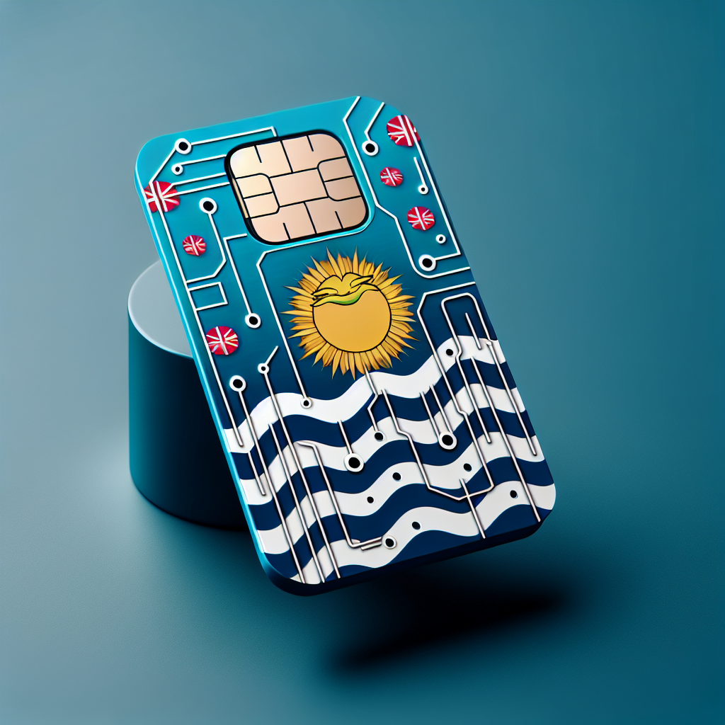 Create a detailed digital product image of an eSIM card. The base of the card should feature a design heavily inspired by the flag of Kiribati. The card should come across as sleek, high-tech and possess a digital look and feel. Remember, no text should be included in the design, as per the specification.