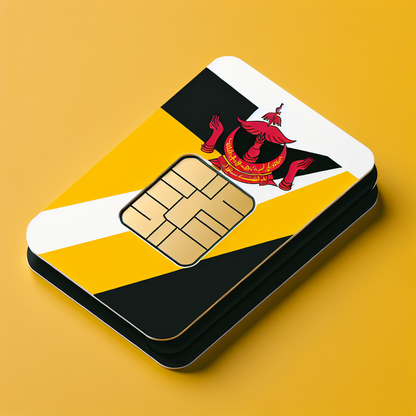 Create a product photo for an eSIM card. The base of the card should use the color palette and design elements of the national flag of Brunei, with a focus on yellow, white, black and red along with the crest. The layout should be reminiscent of a real eSIM card design, showcasing the chip and a protective layer of plastic. As requested, avoid using any form of text in the depiction.