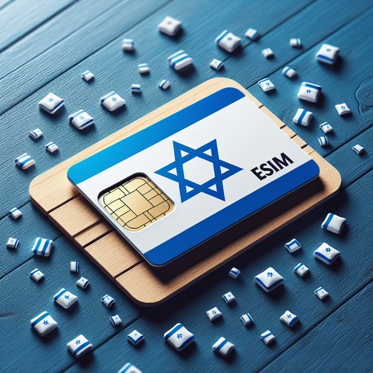 Create a product imagery for an eSIM card representing the country of Israel. The design of the eSIM card should be inspired by the Israeli flag. No textual elements are to be incorporated in the design of the eSIM card.