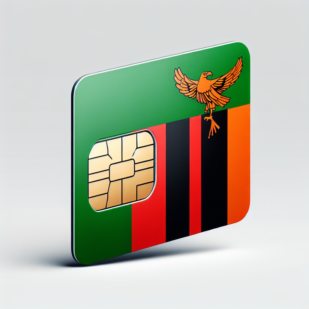 Create a detailed image of an eSIM card. The base design of the card is the Zambia flag, which features a vibrant combination of green, orange, black and red. The red originates from the bottom right corner, symbolizing the country's struggle for freedom. On top of the red is an unmistakable orange eagle, symbolizing the country's hope. Instead of including text, the eSIM card should be visibly recognizable by a small, universally understood icon that signifies virtual connectivity.